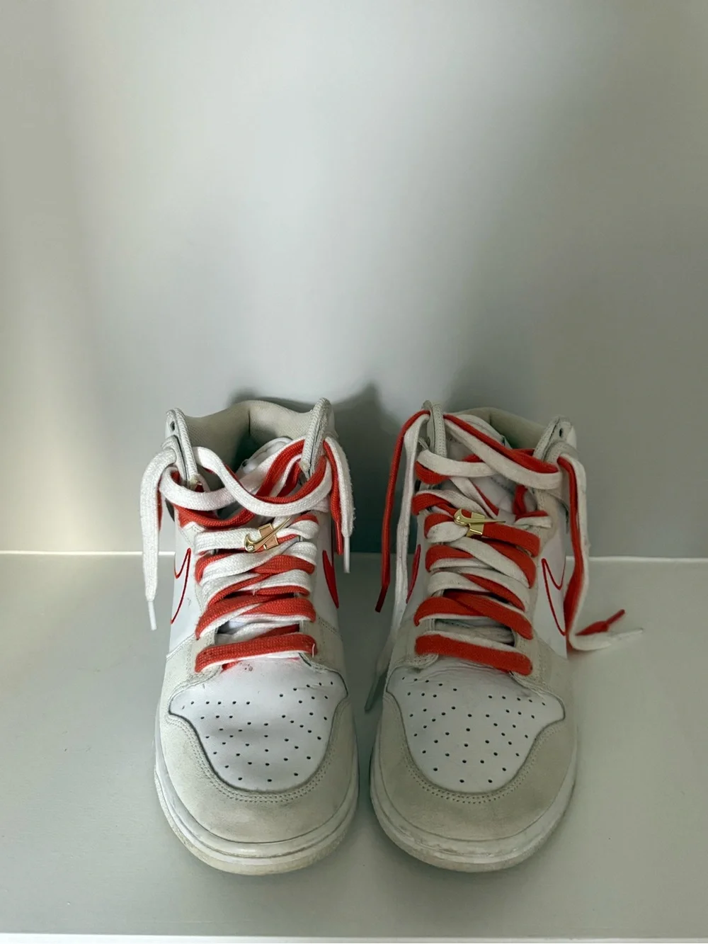 White and Orange Nike High-Top Dunks